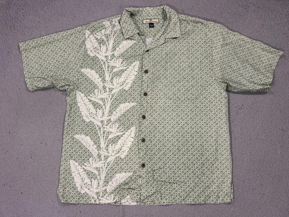 Tommy Bahama Shirt Mens Large Green Silk Linen Hawaiian Floral Leaf Aloha Camp